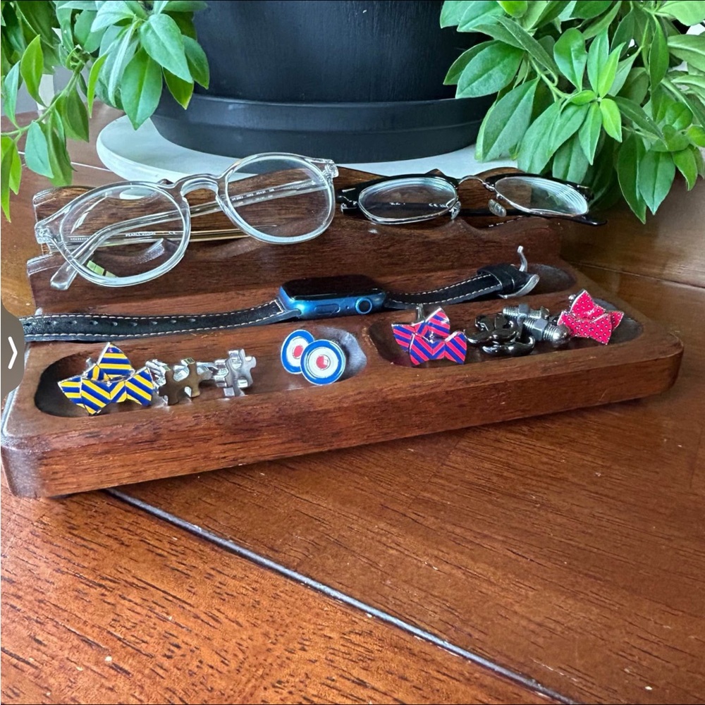 Vintage Carved Wood Valet Tray with Brass Accents